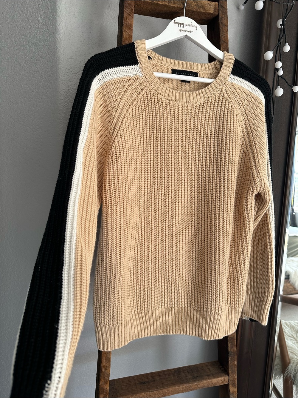 Sanctuary crewneck Sweater with Black & White Stripe Sleeve, size large - Picture 4 of 16